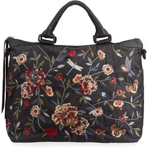 Johnny Was Weekender Krysha Embroider Overnight Handbag Black Cotton Tote Bag NE